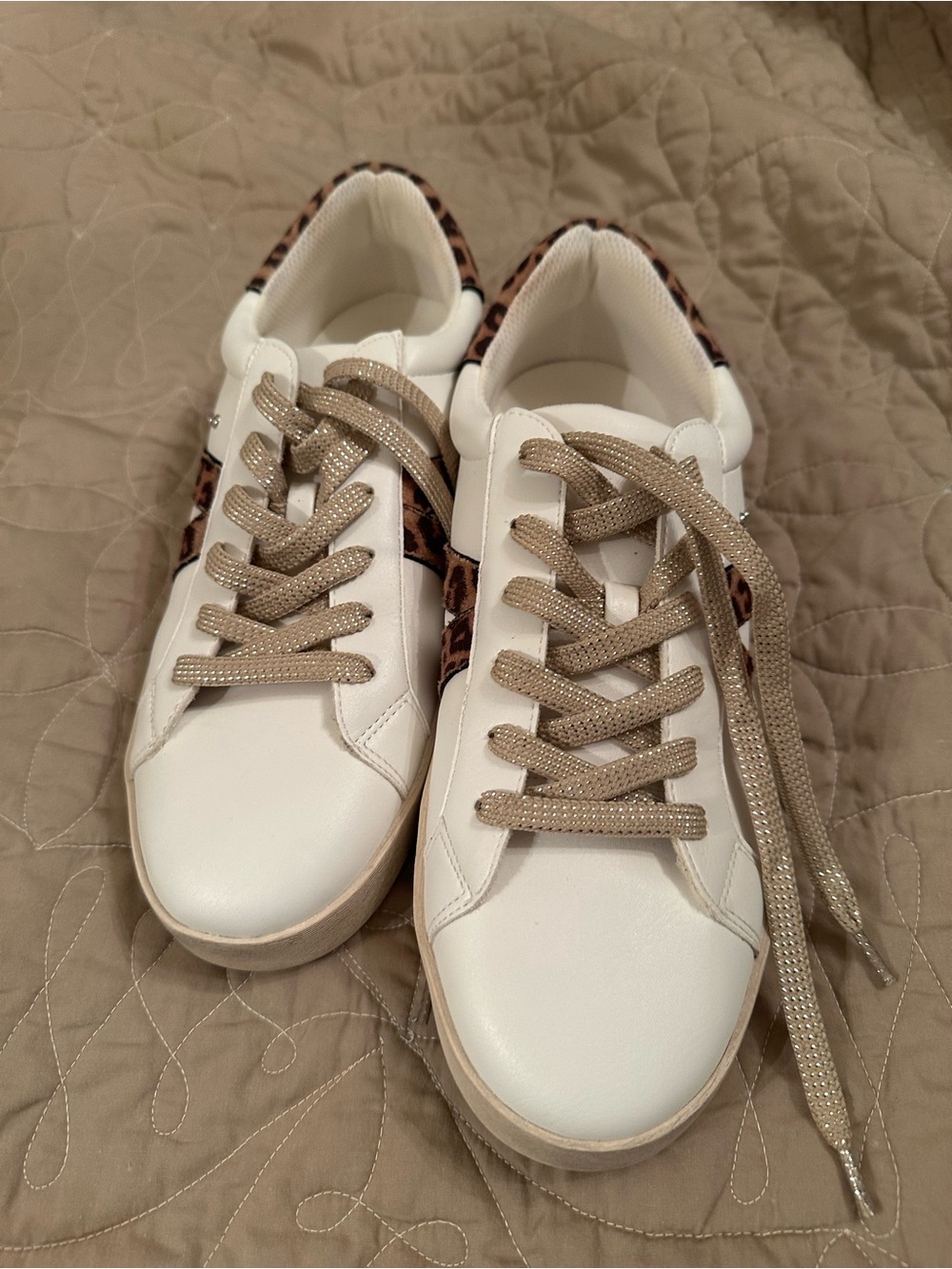 Corkys White Sneakers with Leopard Heel and Gold Laces